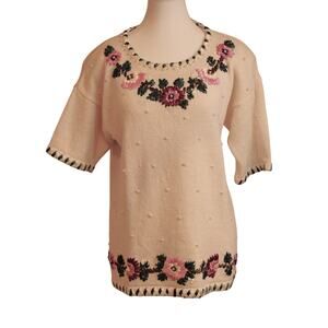 Cotton Knit Short Sleeve Scoop Neck Top Ribbon & Pearl Floral Embroidered sz M